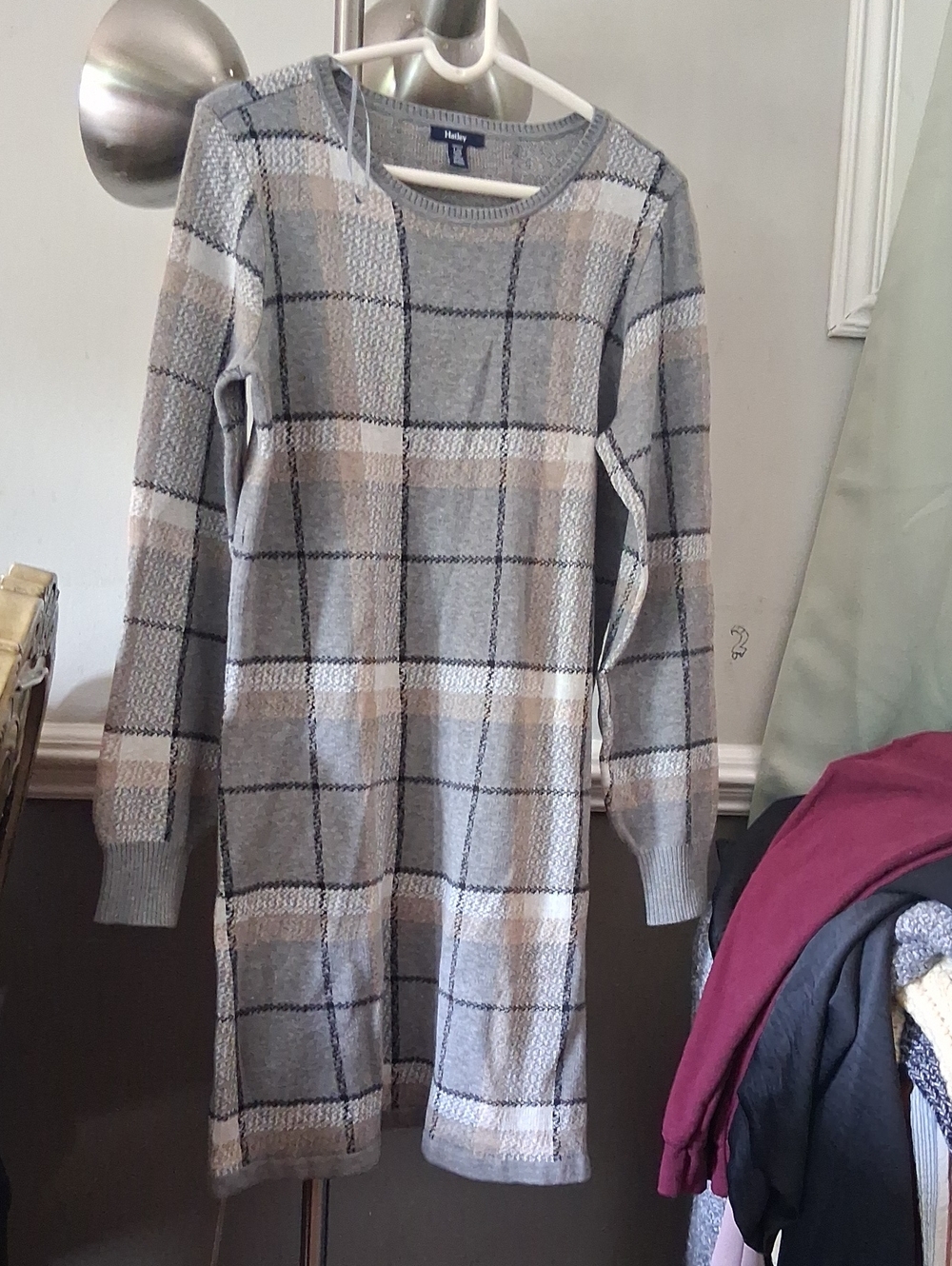 Hatley Gray and Beige Plaid Crewneck Sweater Dress